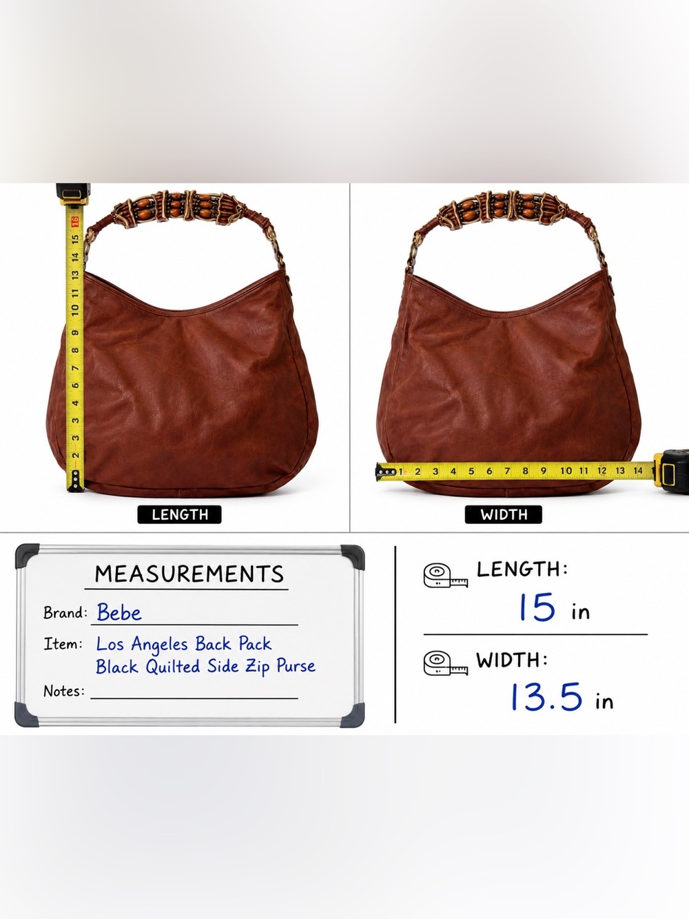 Brown Leather-Style Hobo Bag with Beaded Handle - Picture 2 of 5